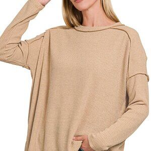 Zenana Ribbed Drop Shoulder Round Neck Sweater